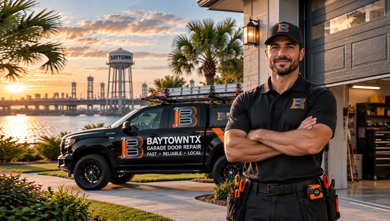 Technician beside a service truck at sunset