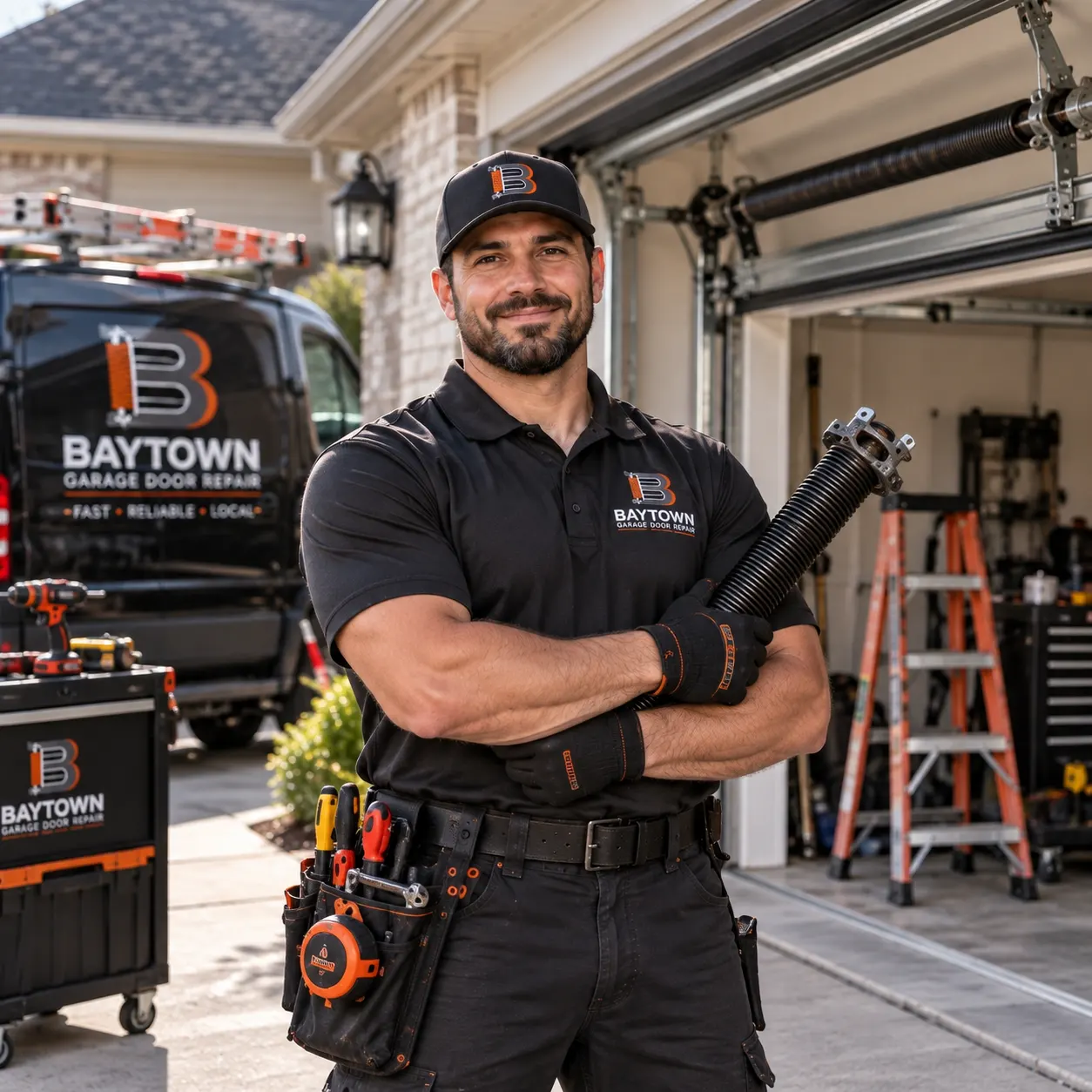 Technician holding a replacement garage door spring