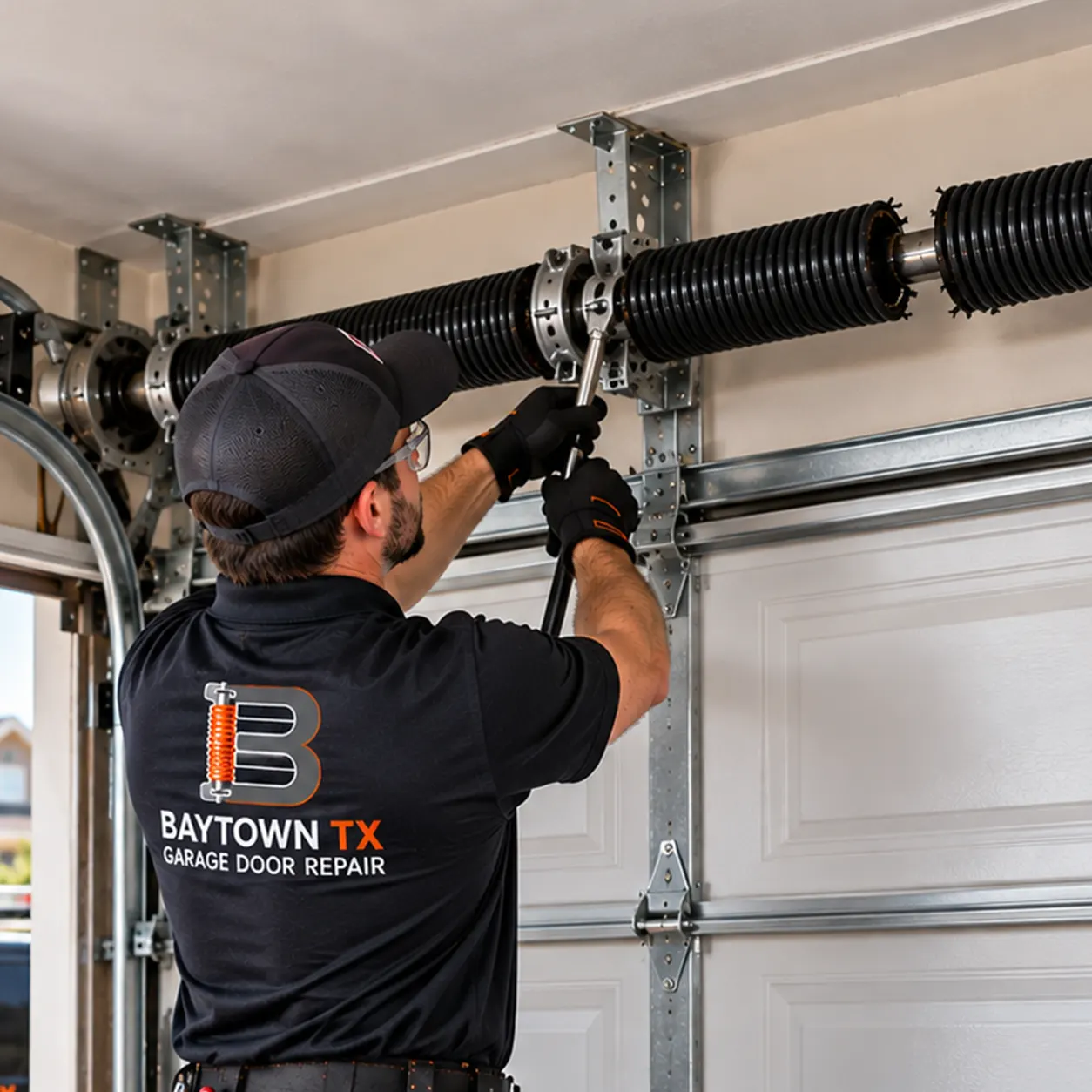 Technician repairing an overhead torsion spring
