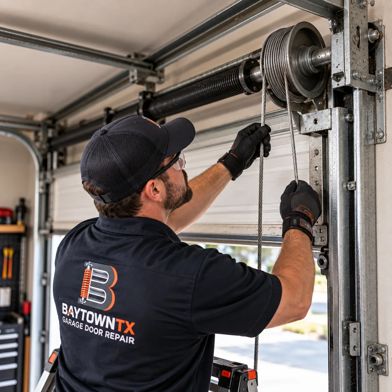 Technician adjusting a garage door lift cable