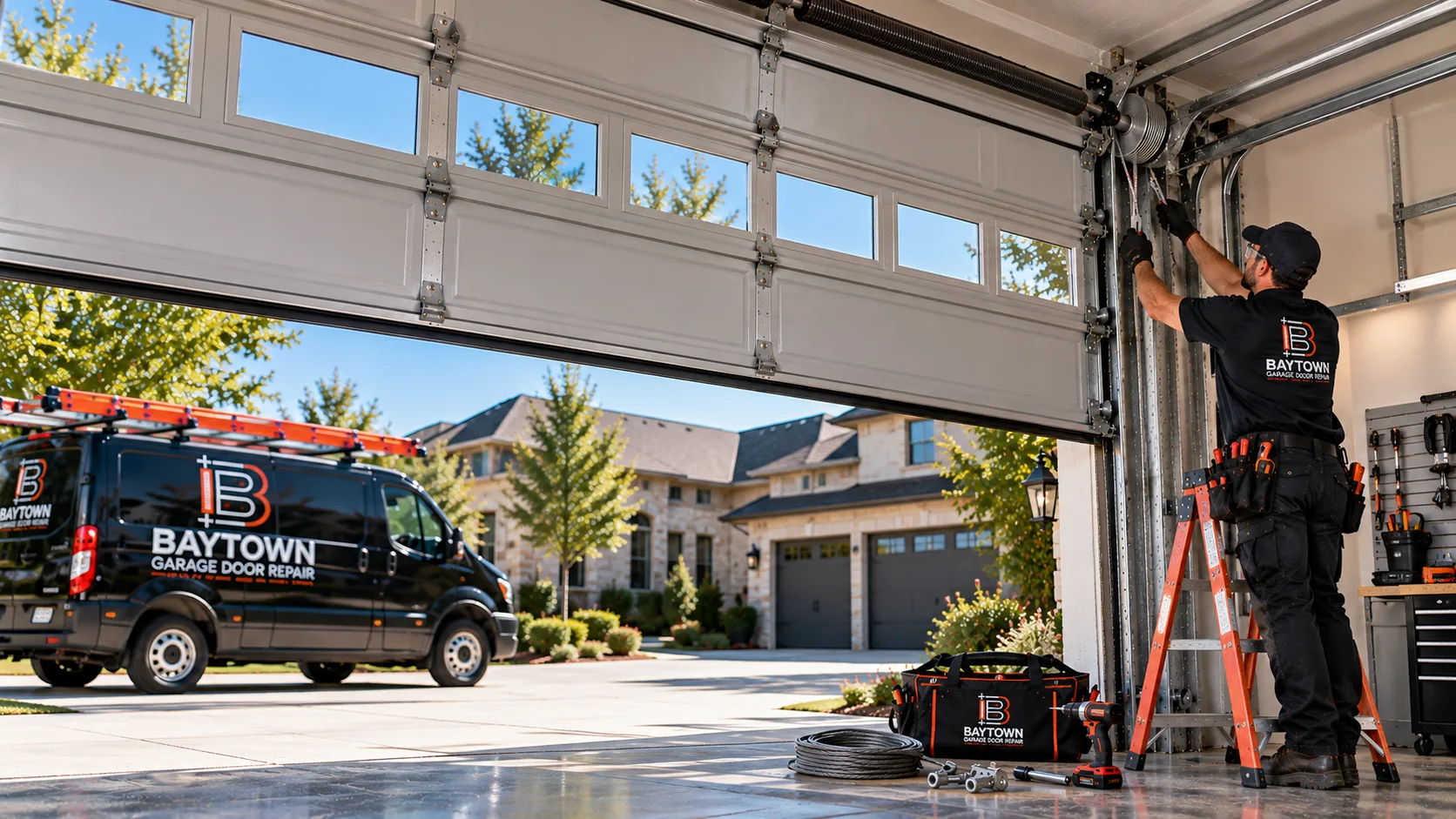 Technician on a ladder beside an open garage