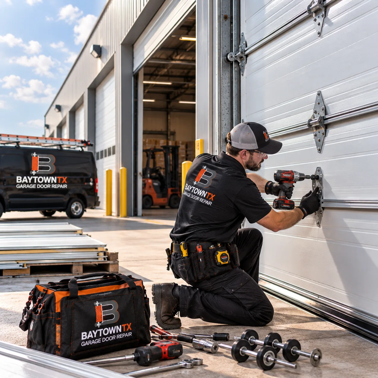 Technician drilling a commercial door panel