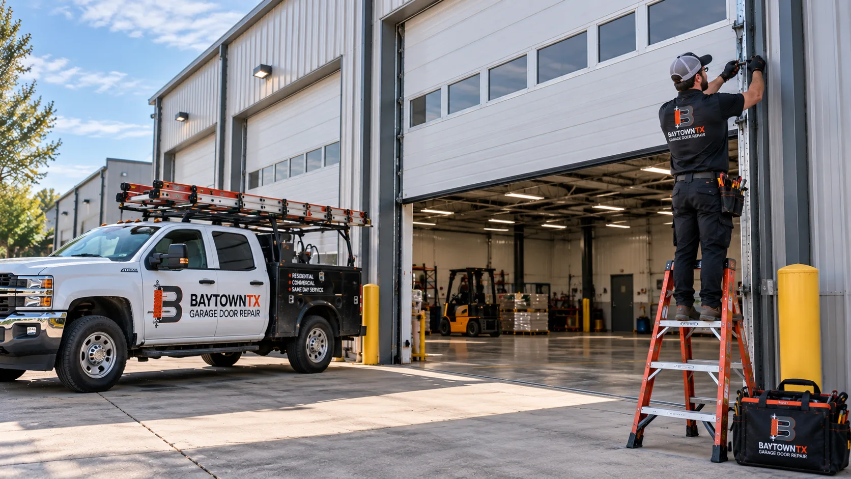 Service truck outside warehouse garage doors
