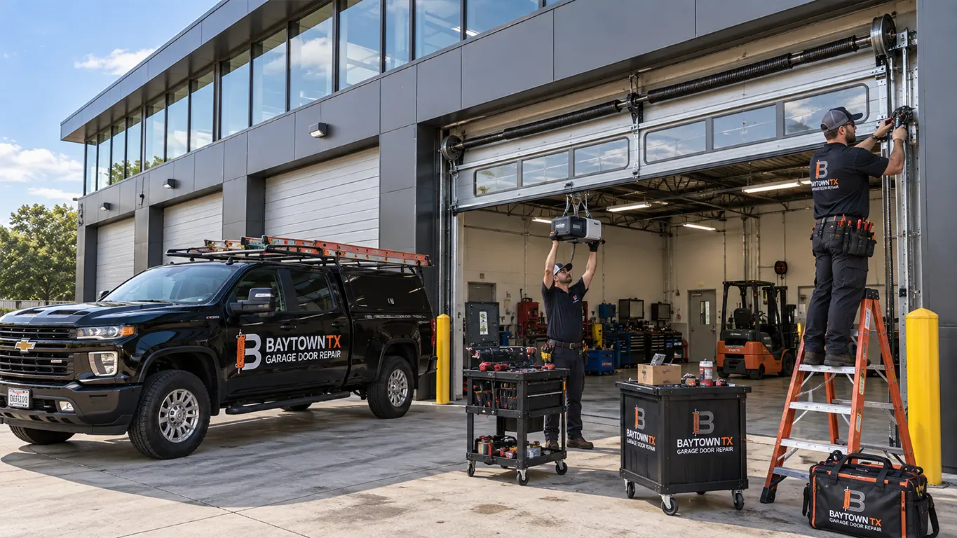 Warehouse door repair with tools and a work truck