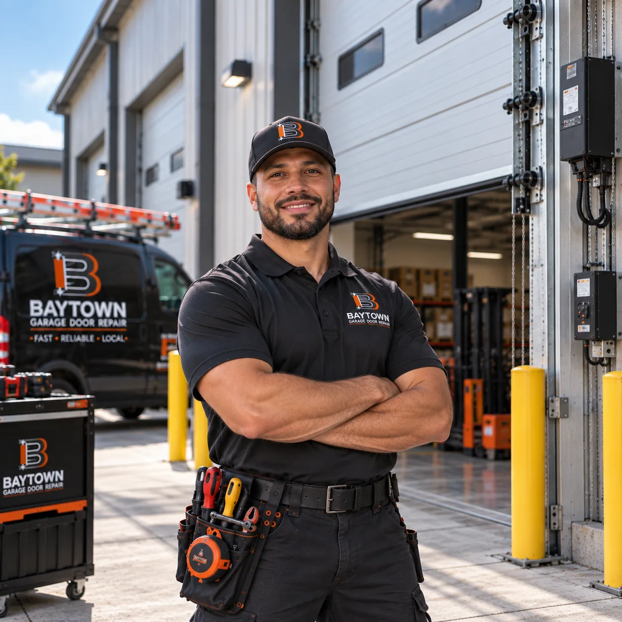 Technician beside a commercial sectional door