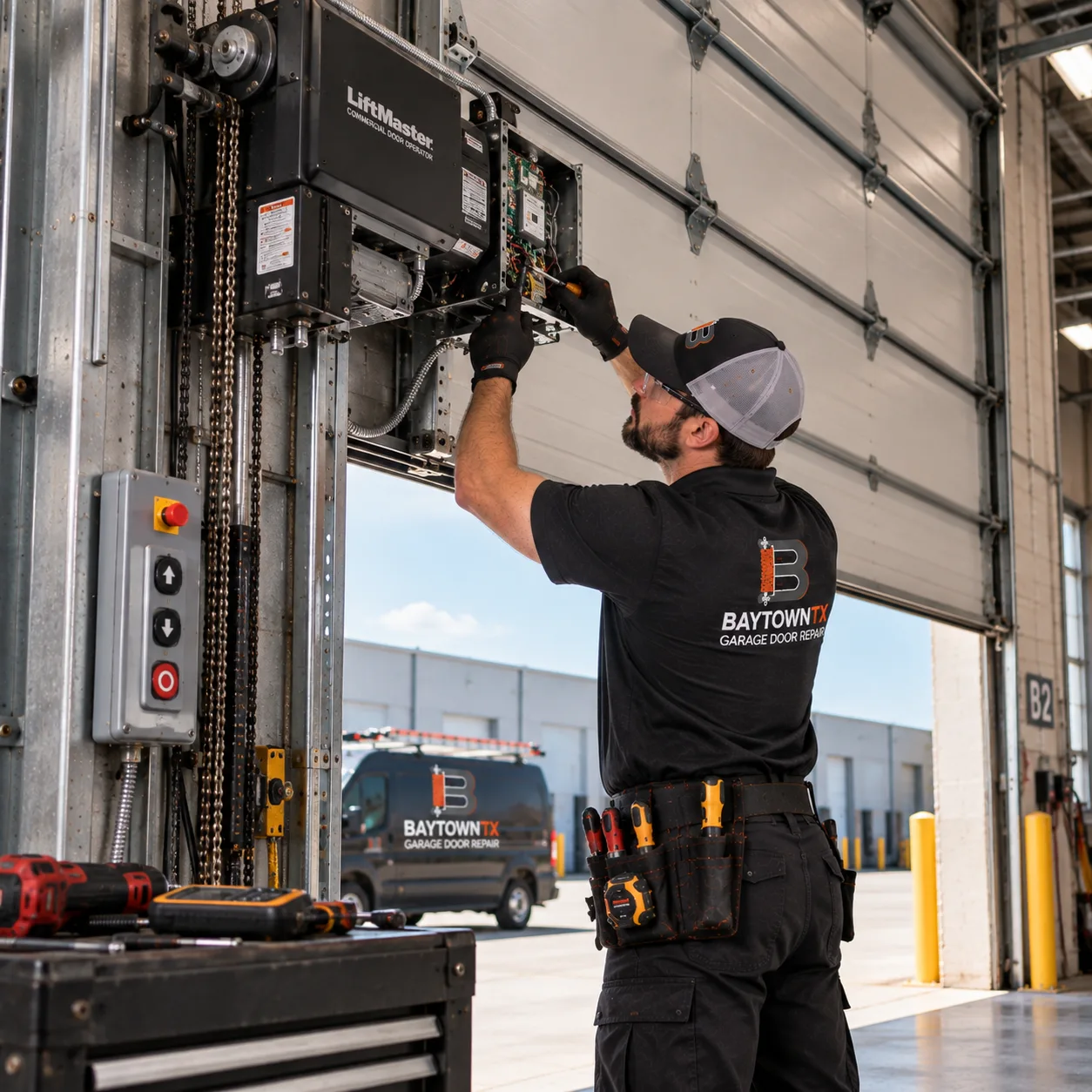 Technician examining a commercial door operator