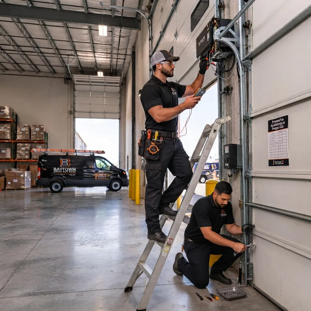 Two technicians checking warehouse door hardware