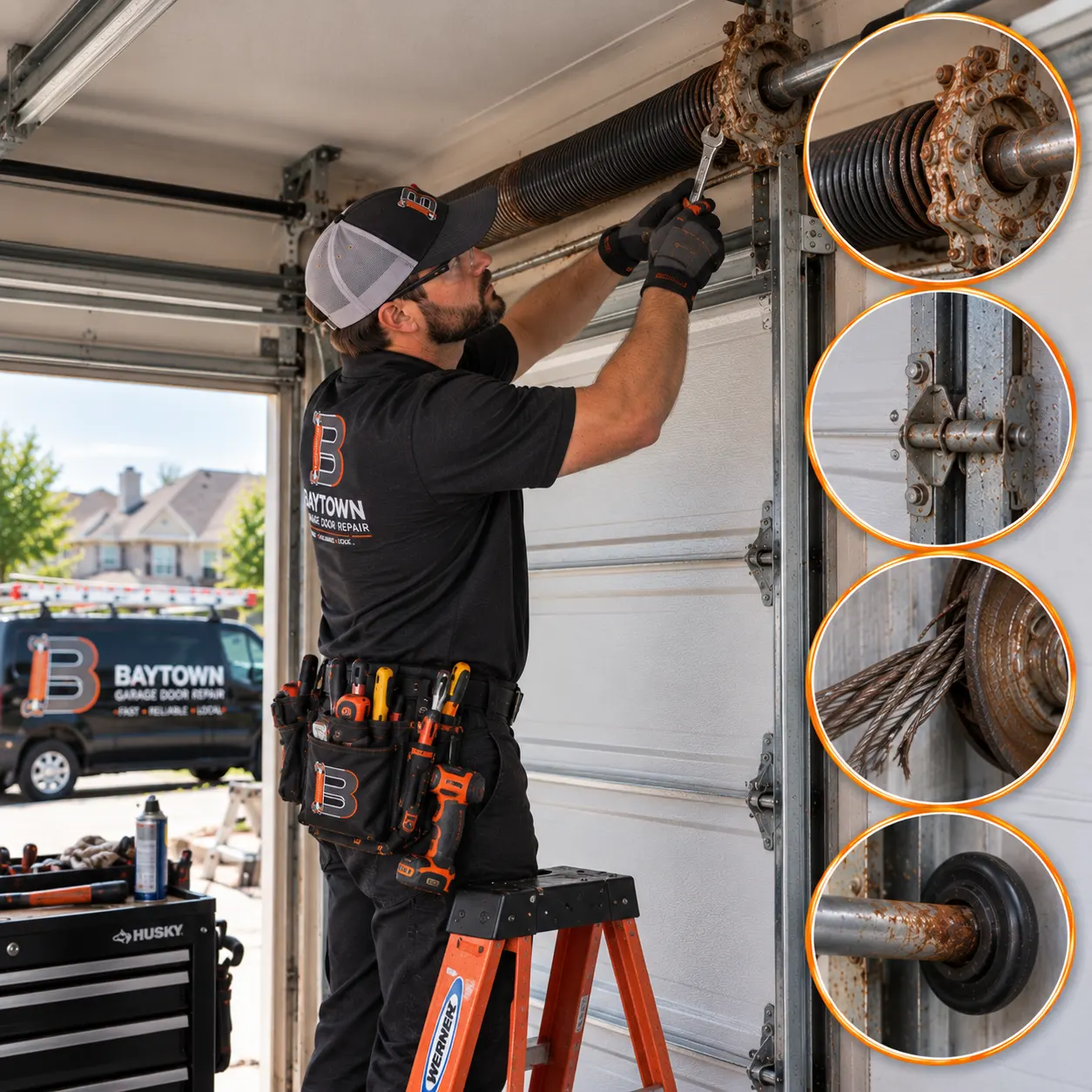 Garage door inspection with corroded hardware close-ups