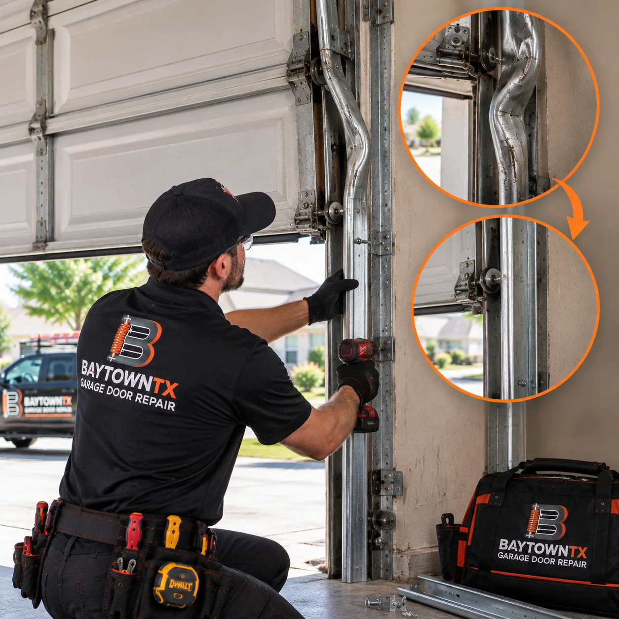 Technician inspecting a damaged vertical track