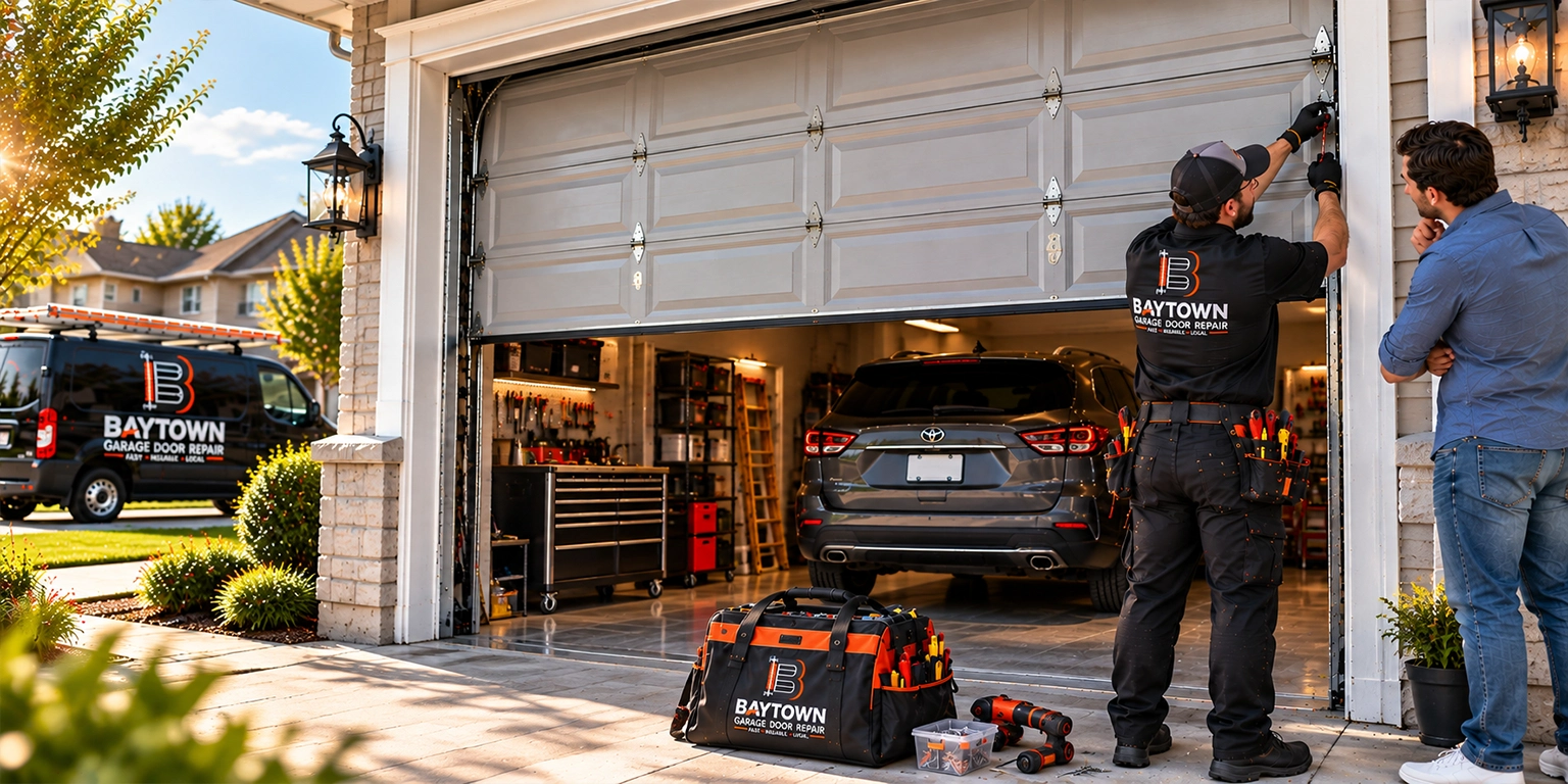 Technician and homeowner beside a partly open door — home