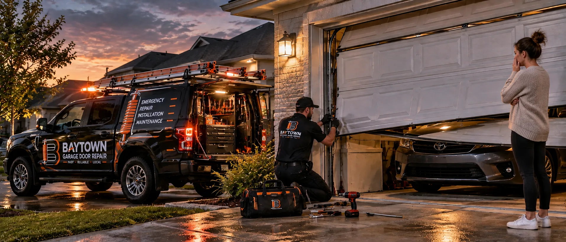 Evening garage door service visit at a home