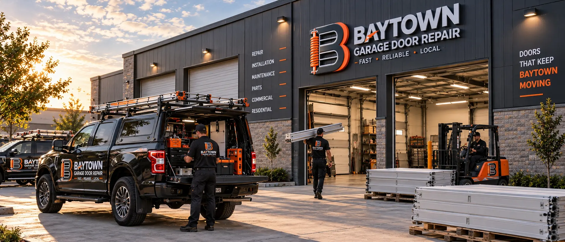 Service truck outside the Baytown repair workshop — emergency service