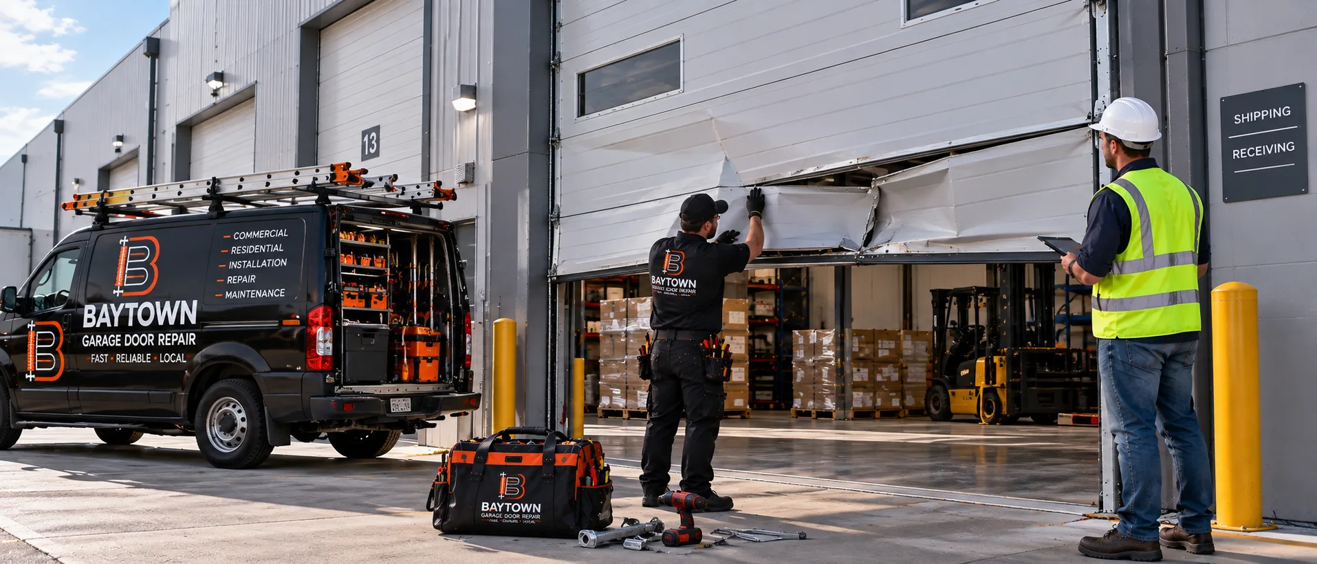 Technician and worker examining a warehouse door