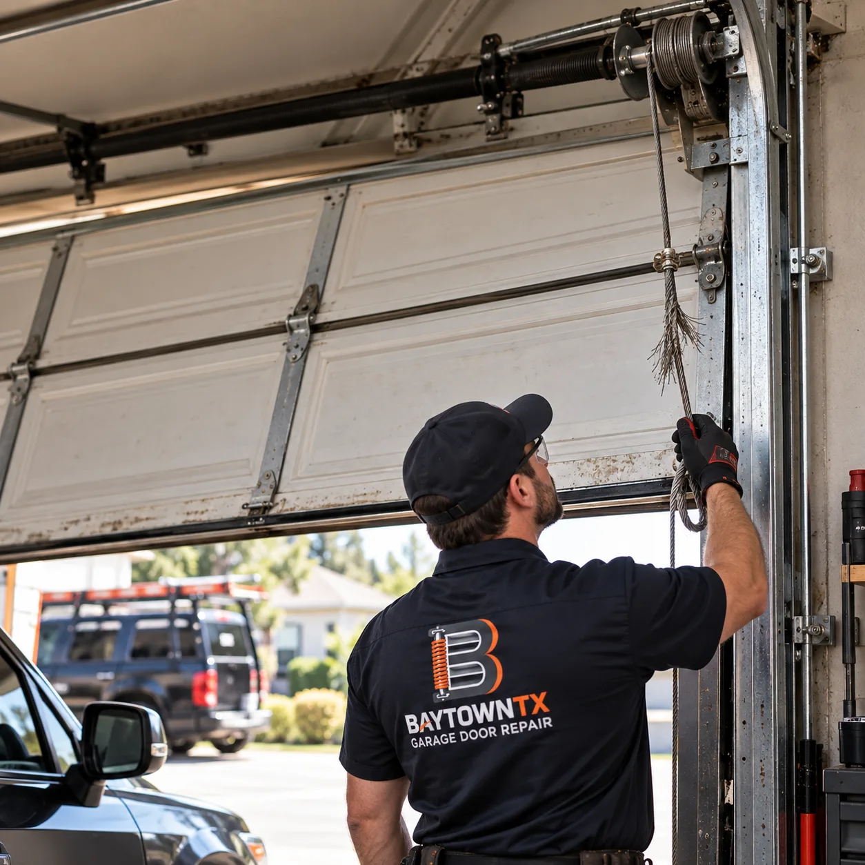 Technician handling a cable beside a raised door