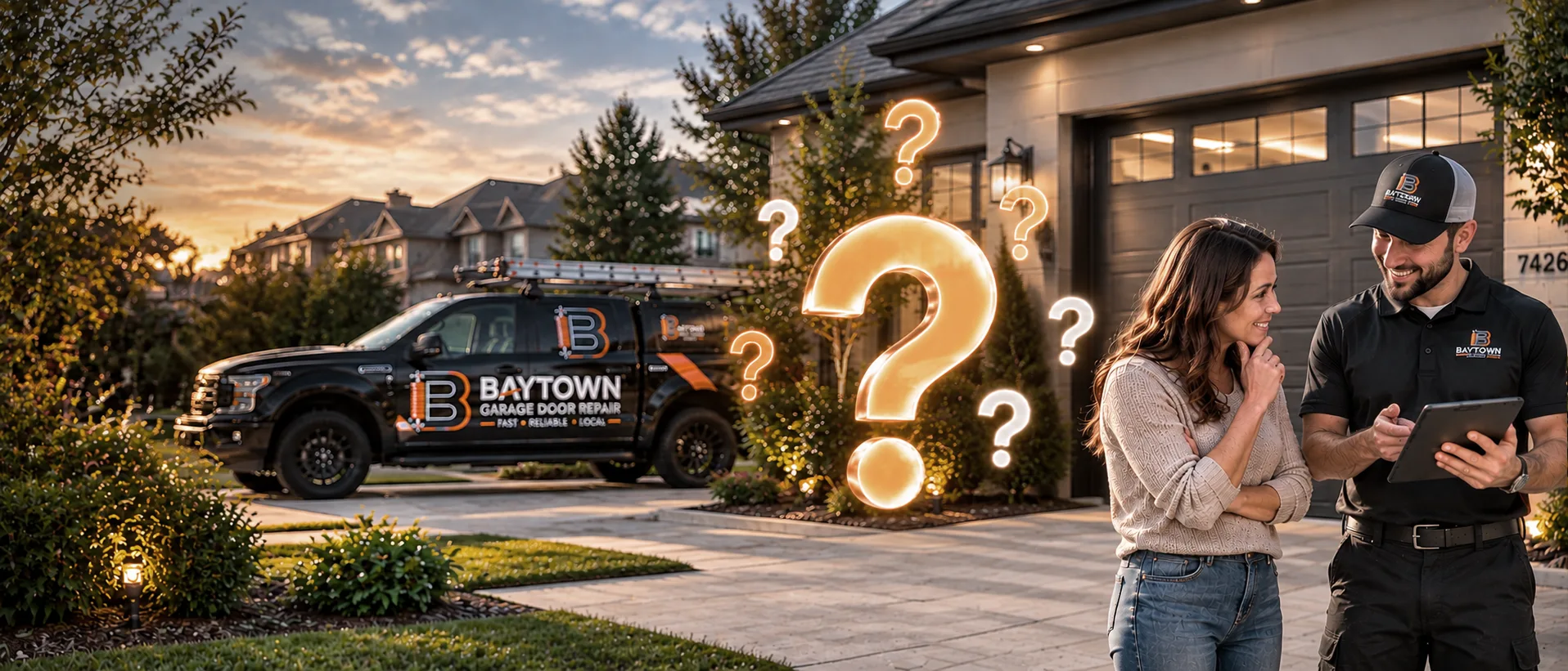 Homeowner and technician with question-mark graphics — FAQs