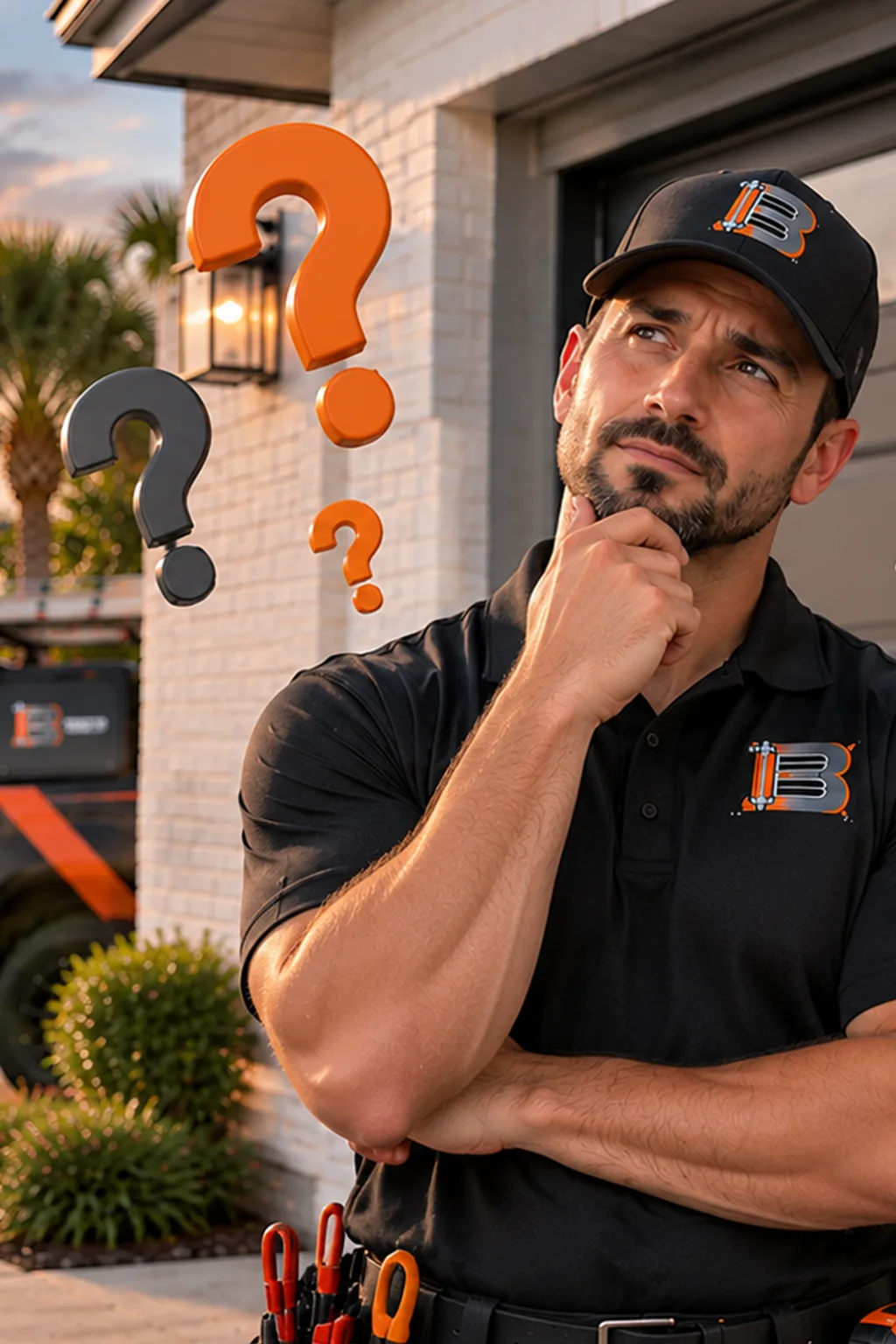 Thoughtful technician with question-mark illustrations