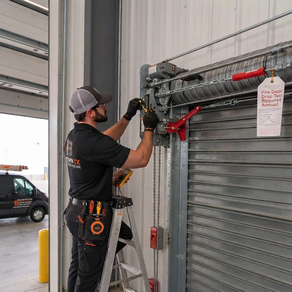 Technician checking a rolling door mechanism