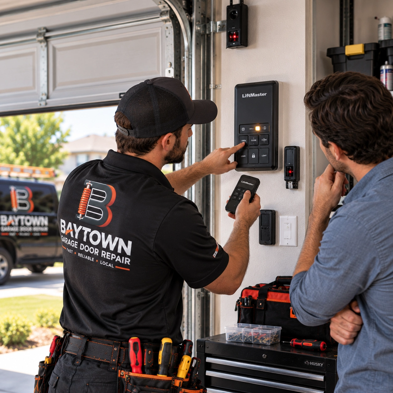 Technician demonstrating a wall control and remote — home
