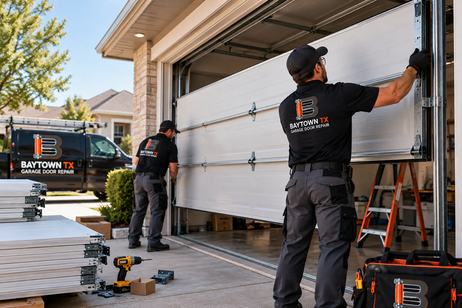 Two installers positioning a sectional garage door