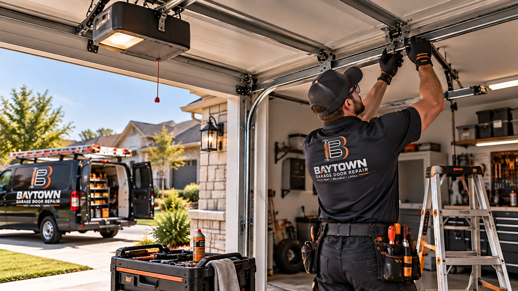 Technician inspecting overhead door hardware — home
