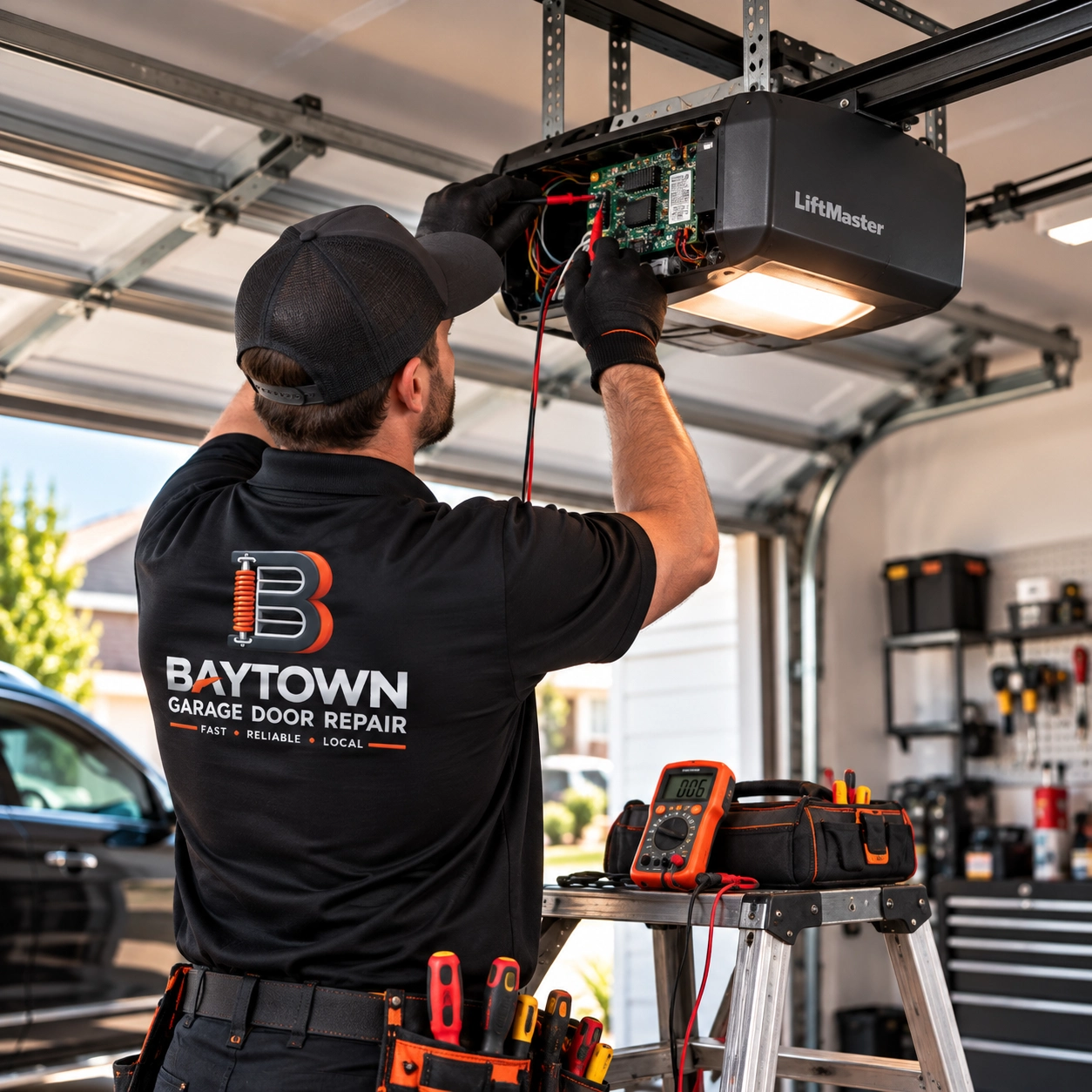 Technician testing wiring inside a ceiling opener — home