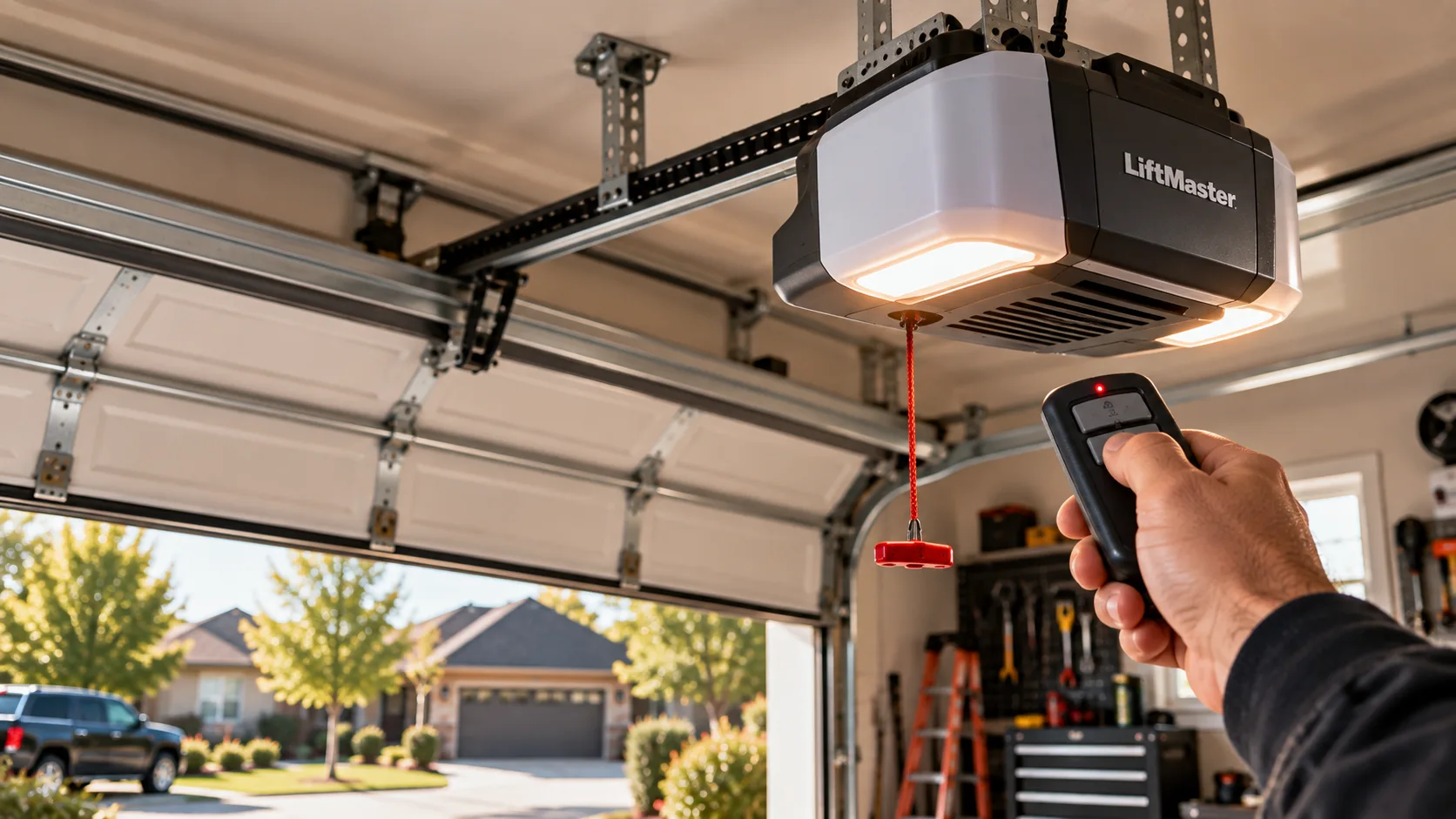Handheld remote pointed at a garage door opener