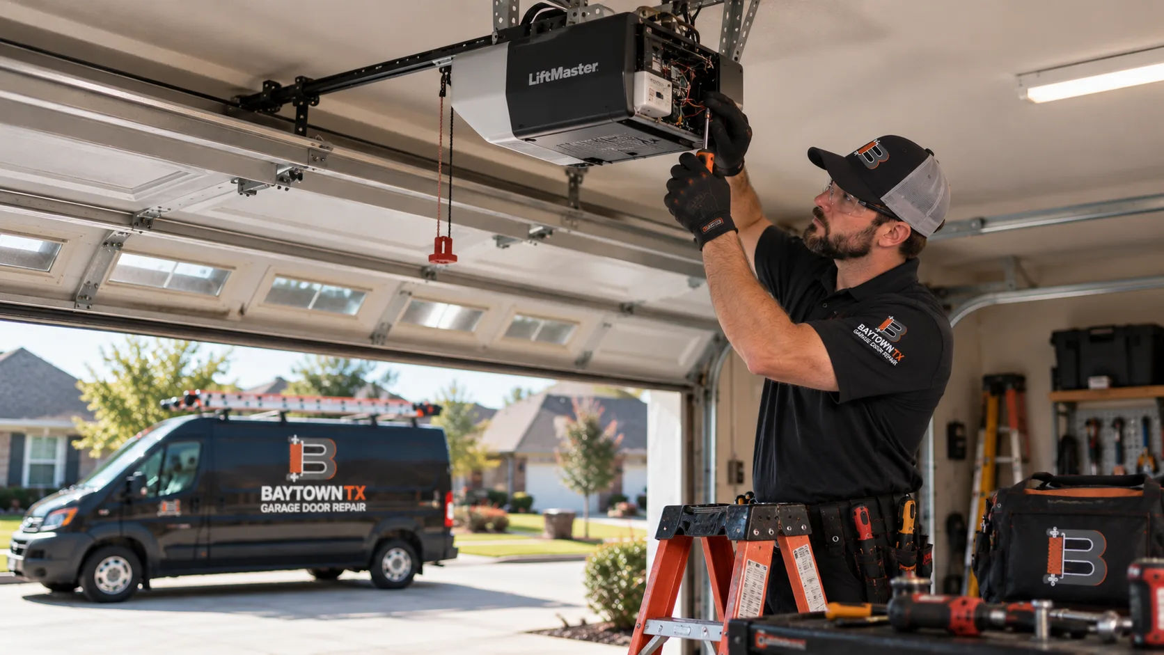 Technician on a ladder beneath a door opener