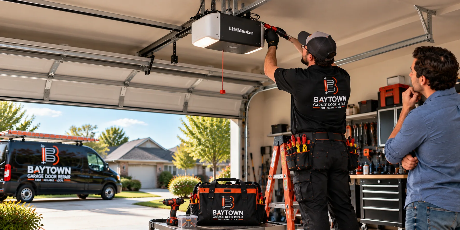 Homeowner watching a technician check the opener