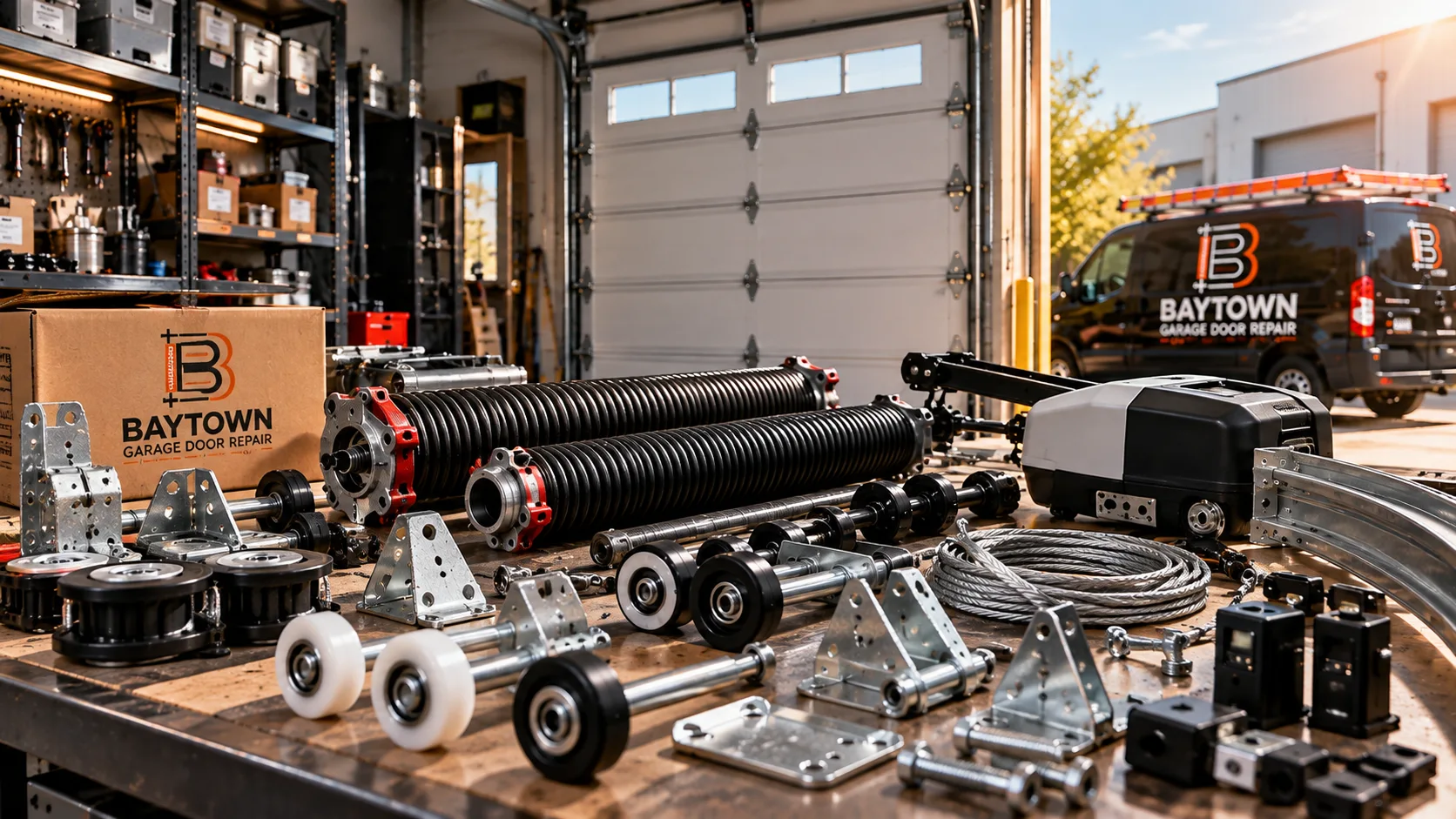 Springs, rollers, hinges and cables on a workbench