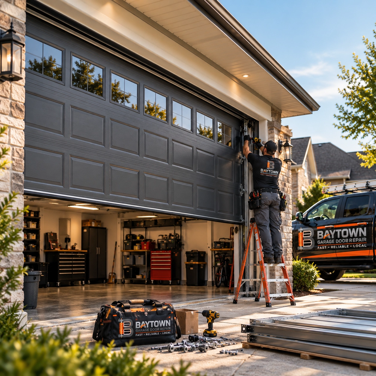 Technician fitting hardware to a dark garage door — home door service