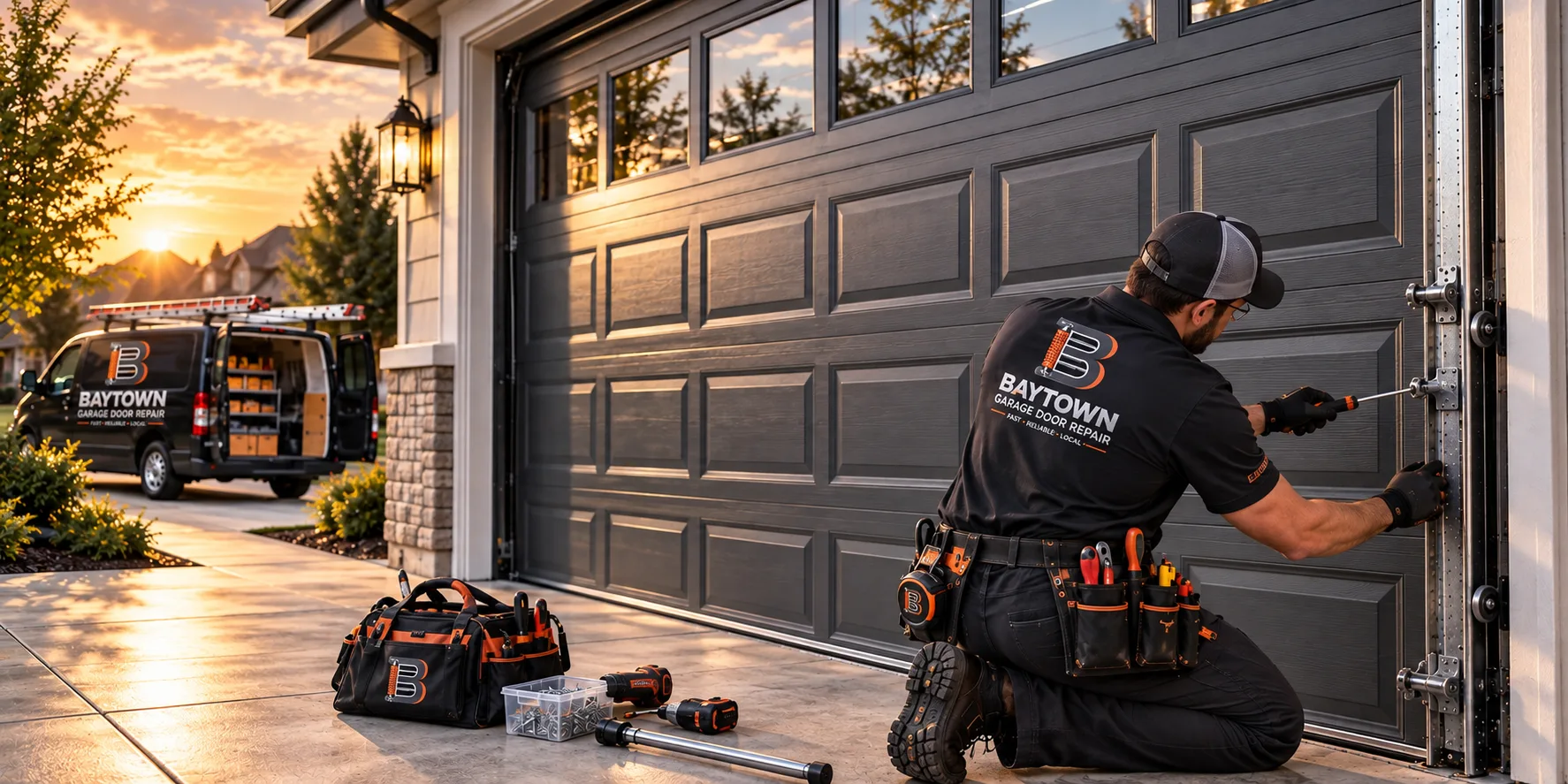 Technician repairing a dark garage door at sunset — home