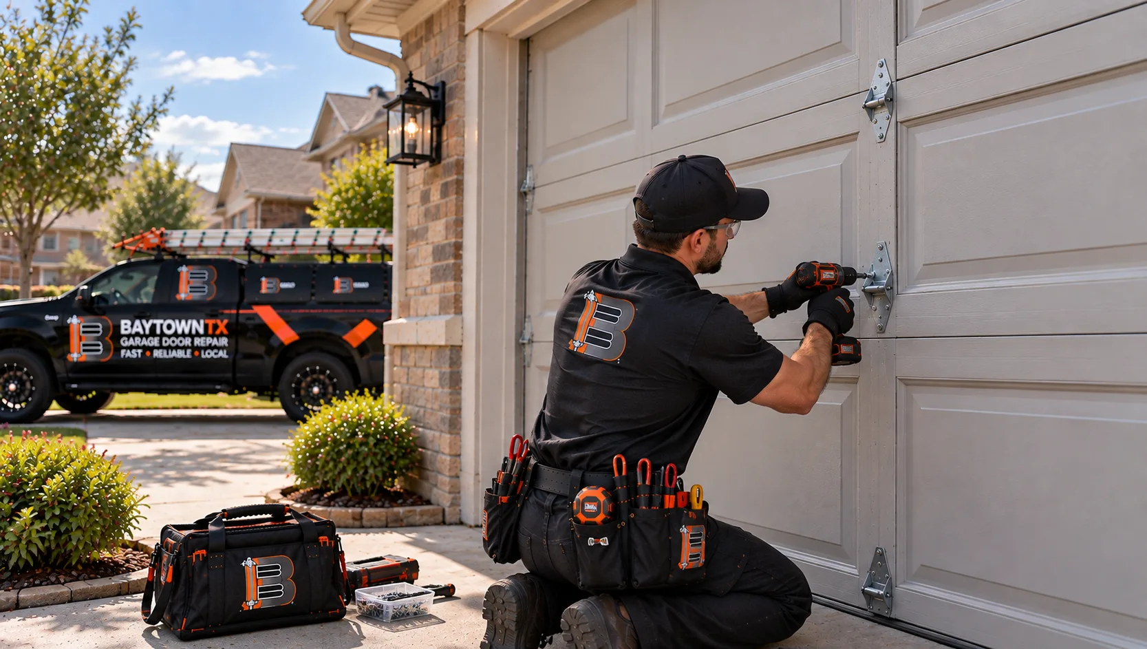Technician drilling a white garage door panel