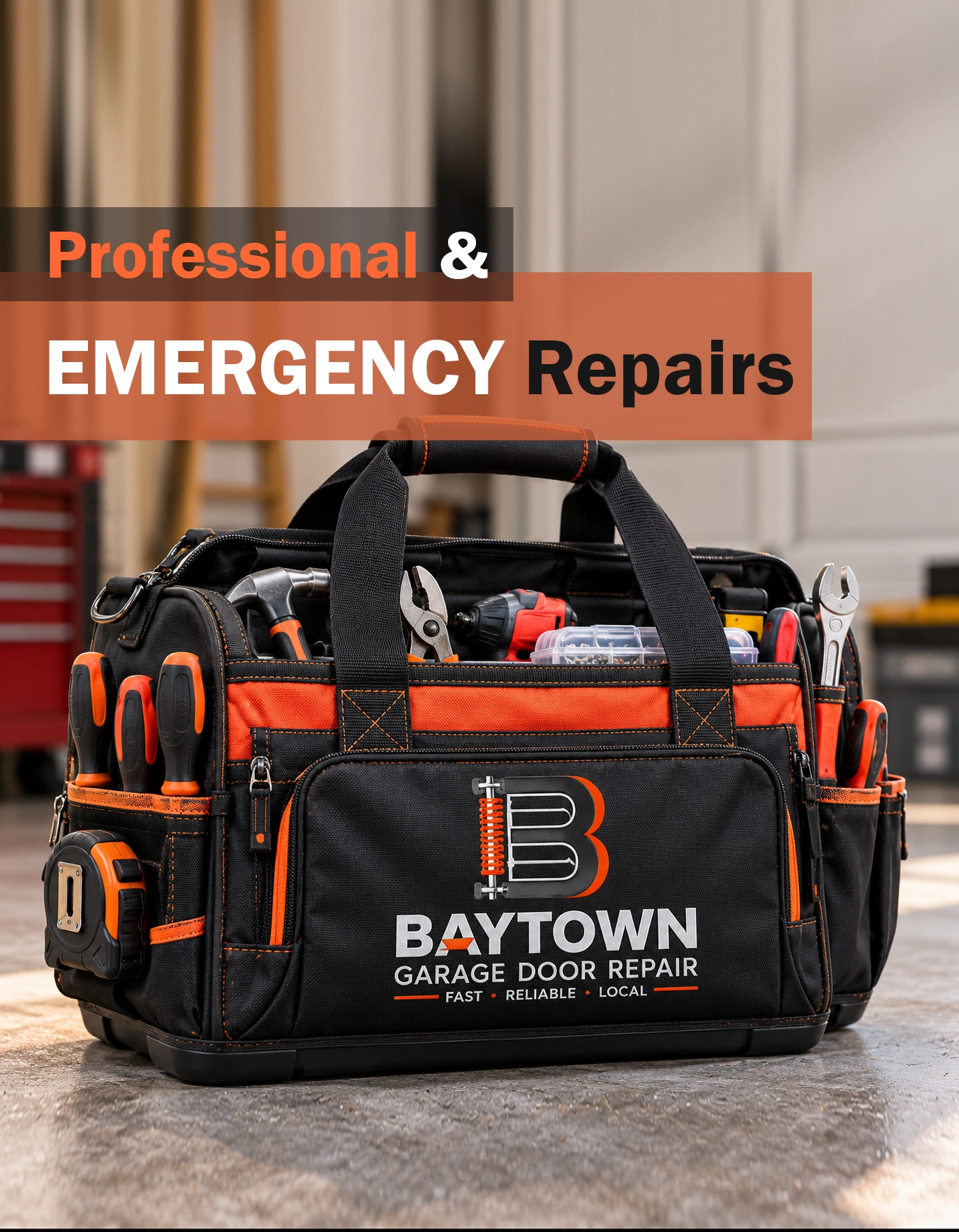 Garage door repair tool bag with drills — home