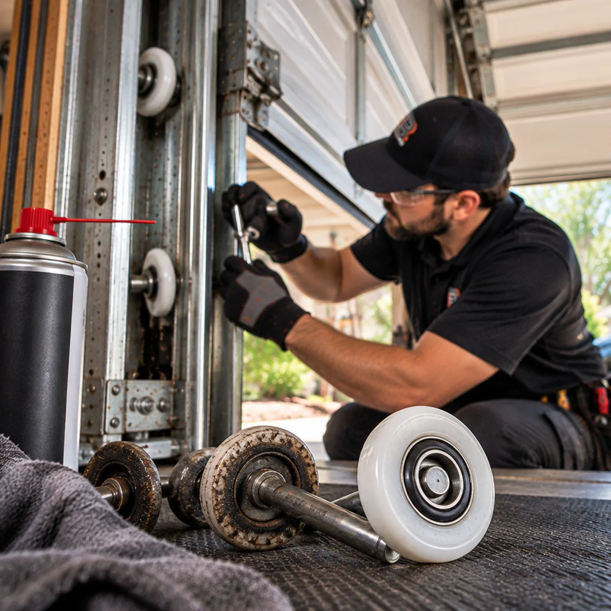 Roller service with worn and replacement wheels