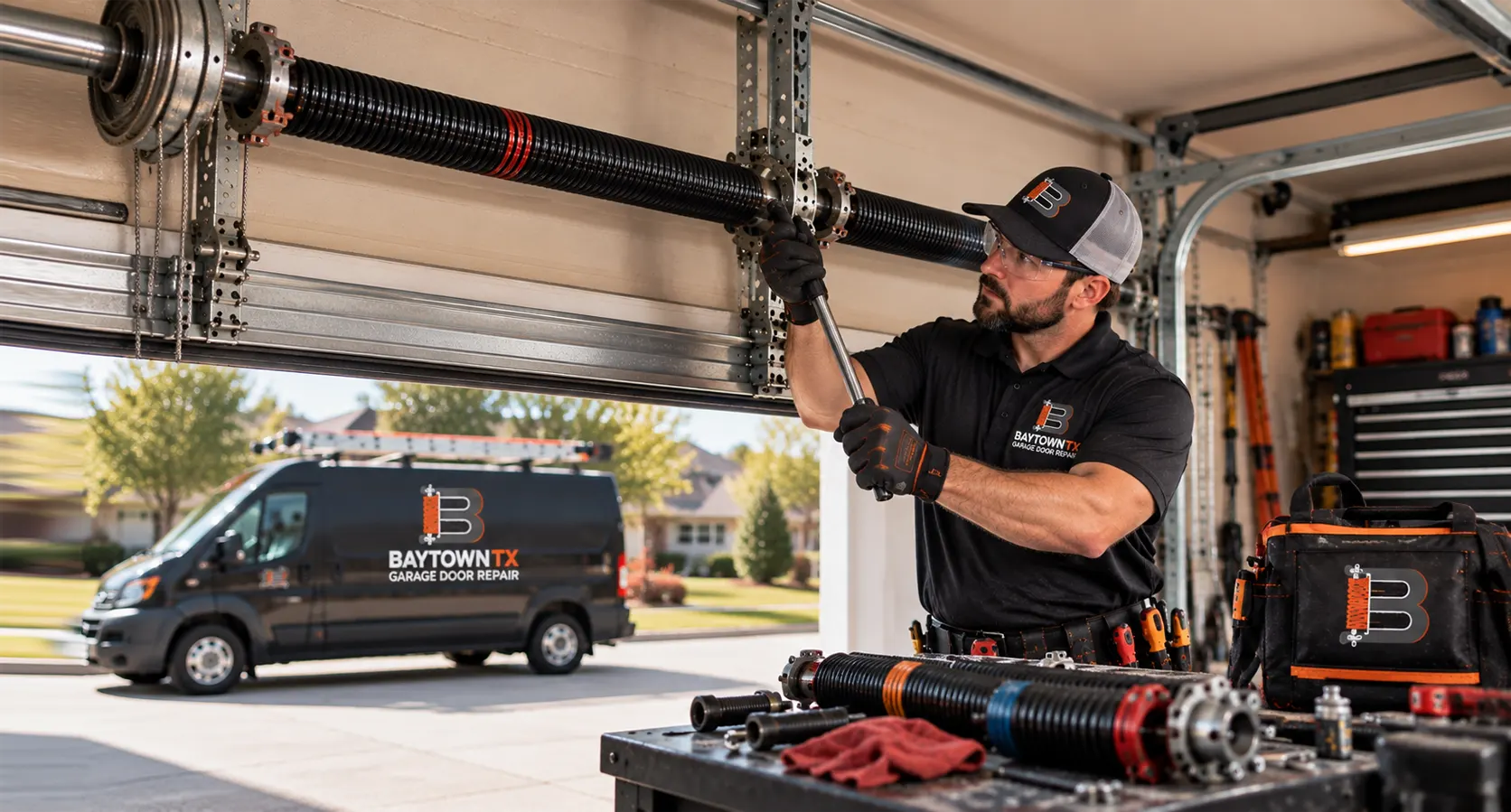 Technician adjusting an overhead spring assembly — spring repairs