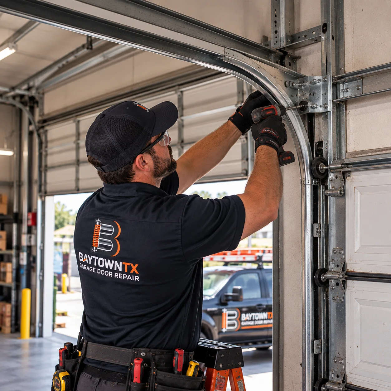 Technician adjusting a curved upper door track — track repairs