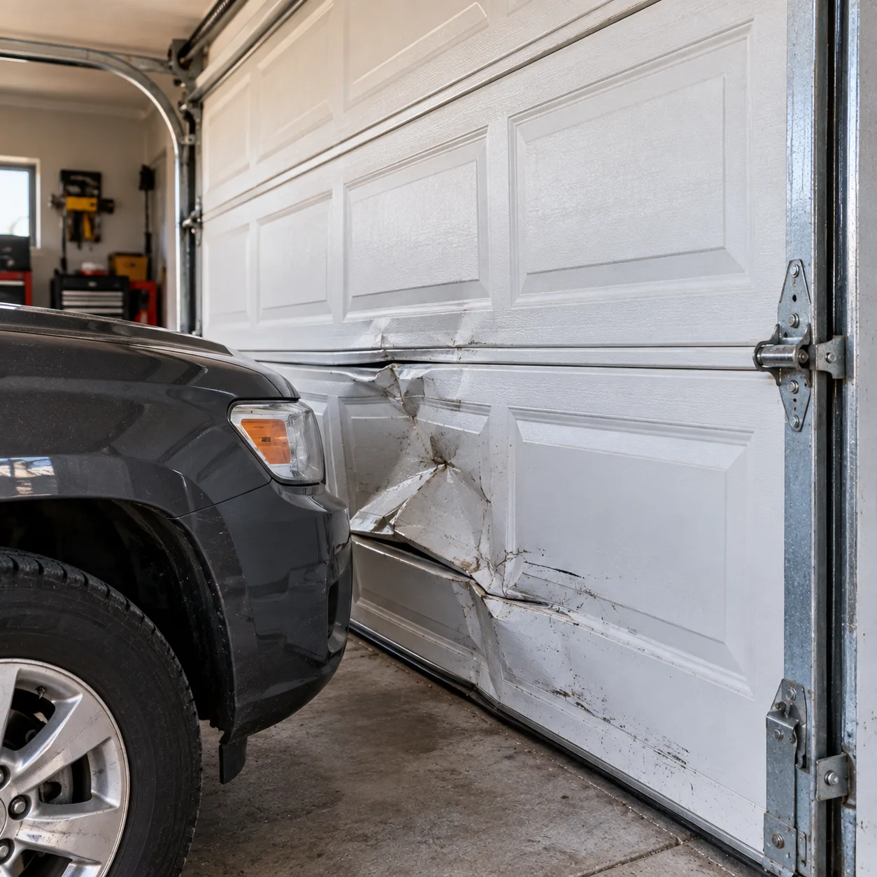 Vehicle bumper against a buckled garage door