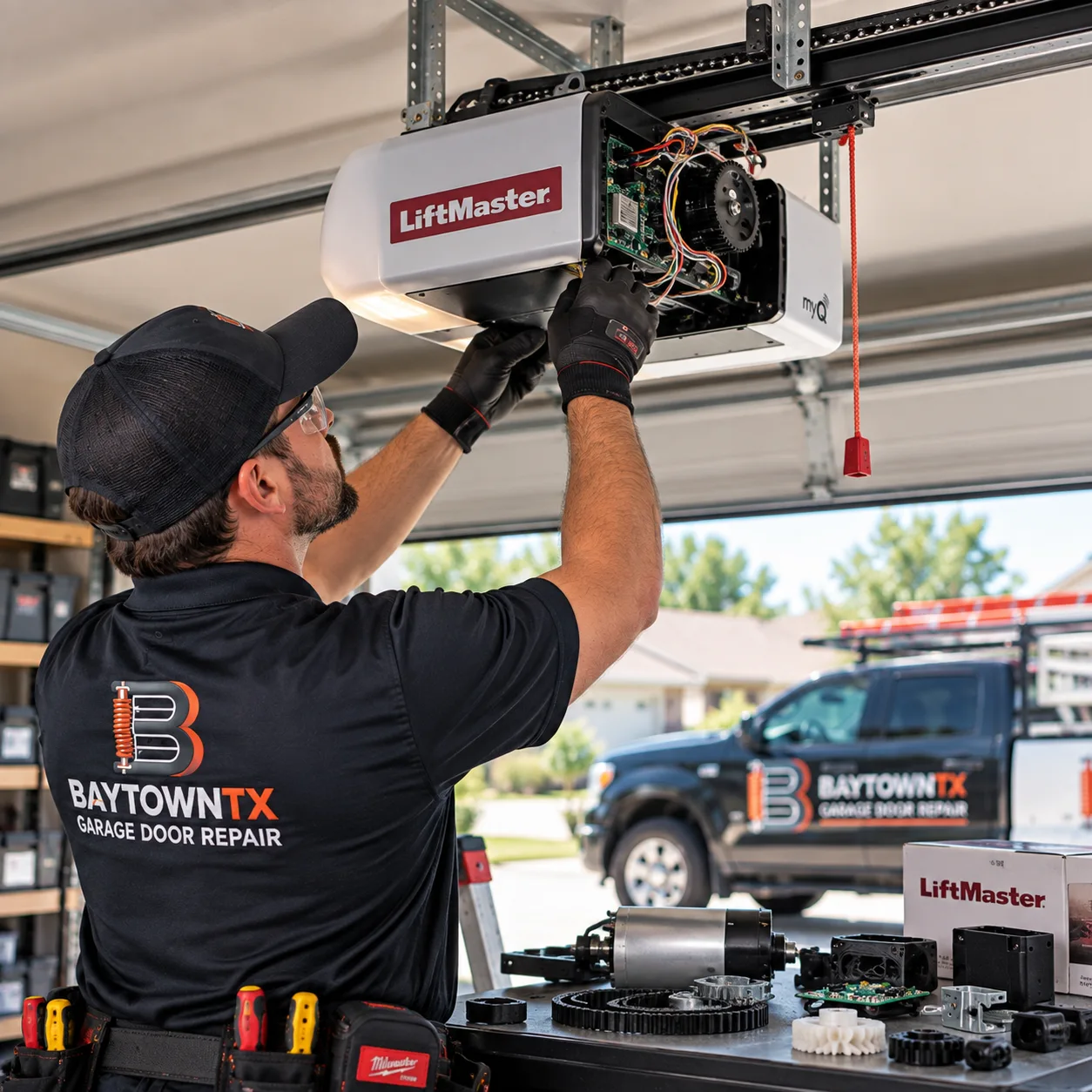 Technician repairing exposed opener components