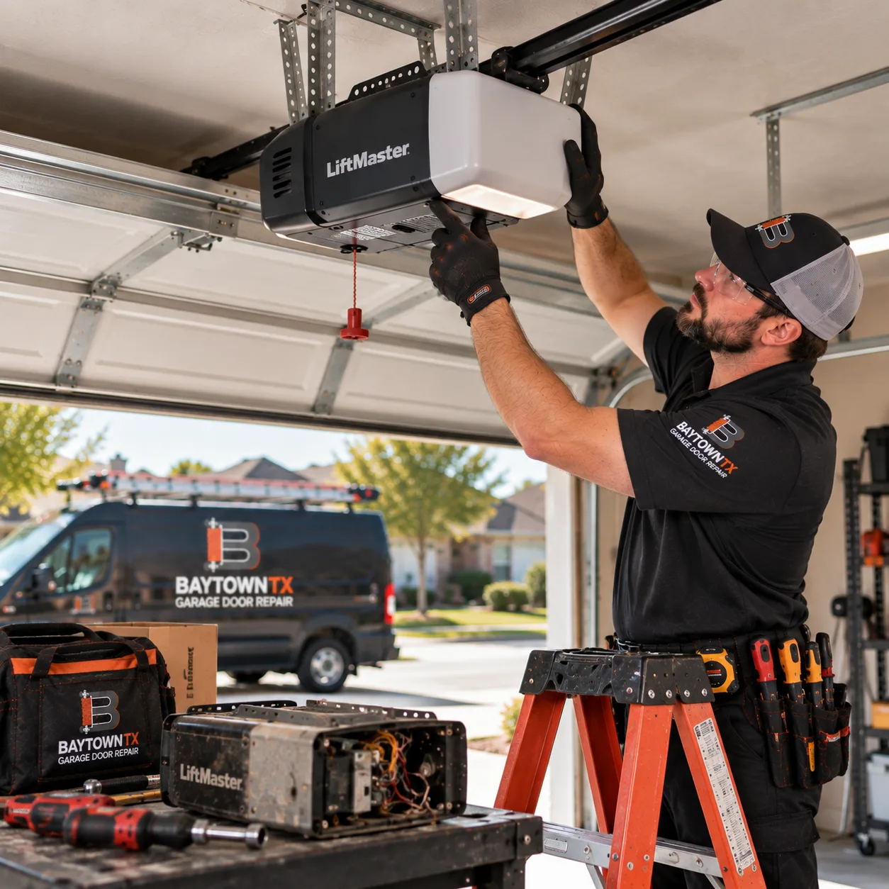 Technician positioning a ceiling-mounted opener