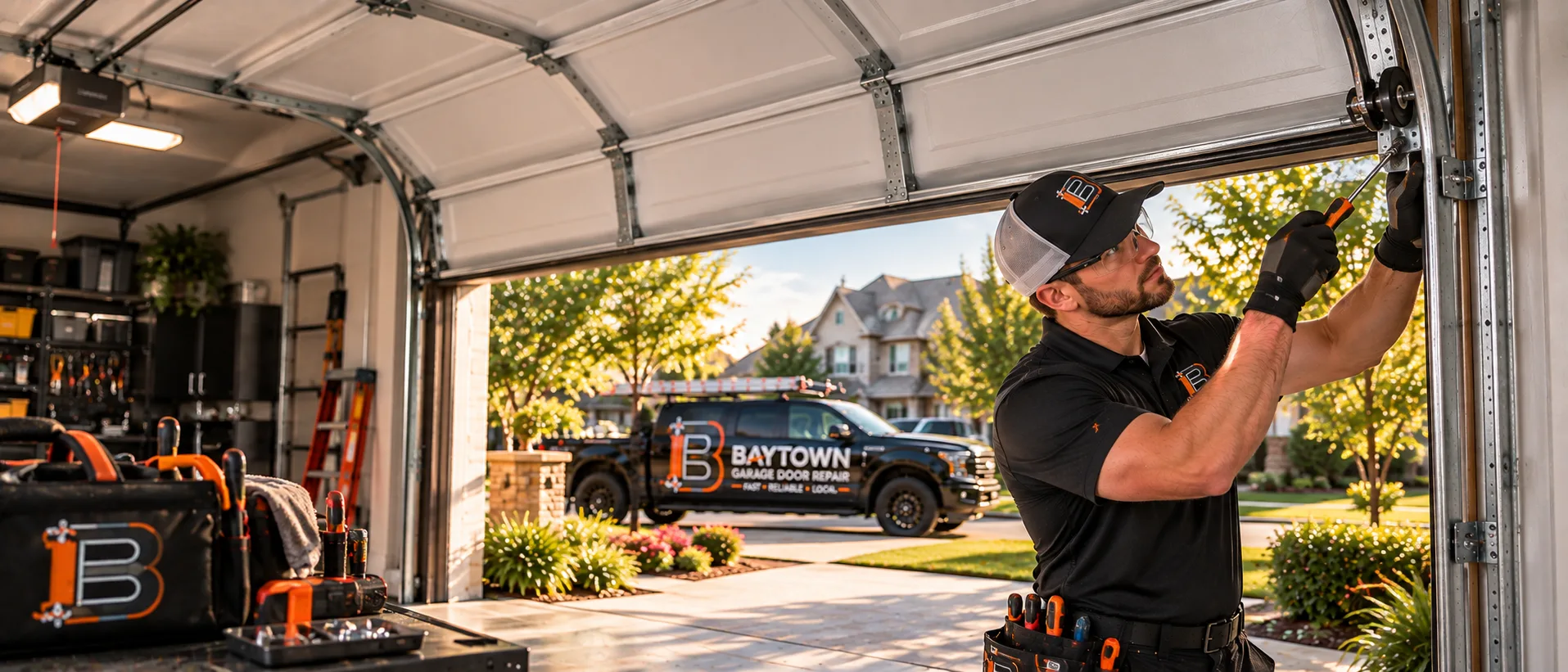 Technician checking upper garage door hardware