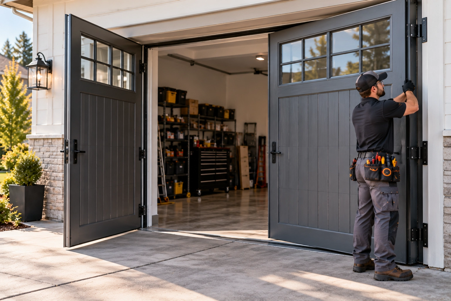 Dark side-hinged garage doors opening outward — home