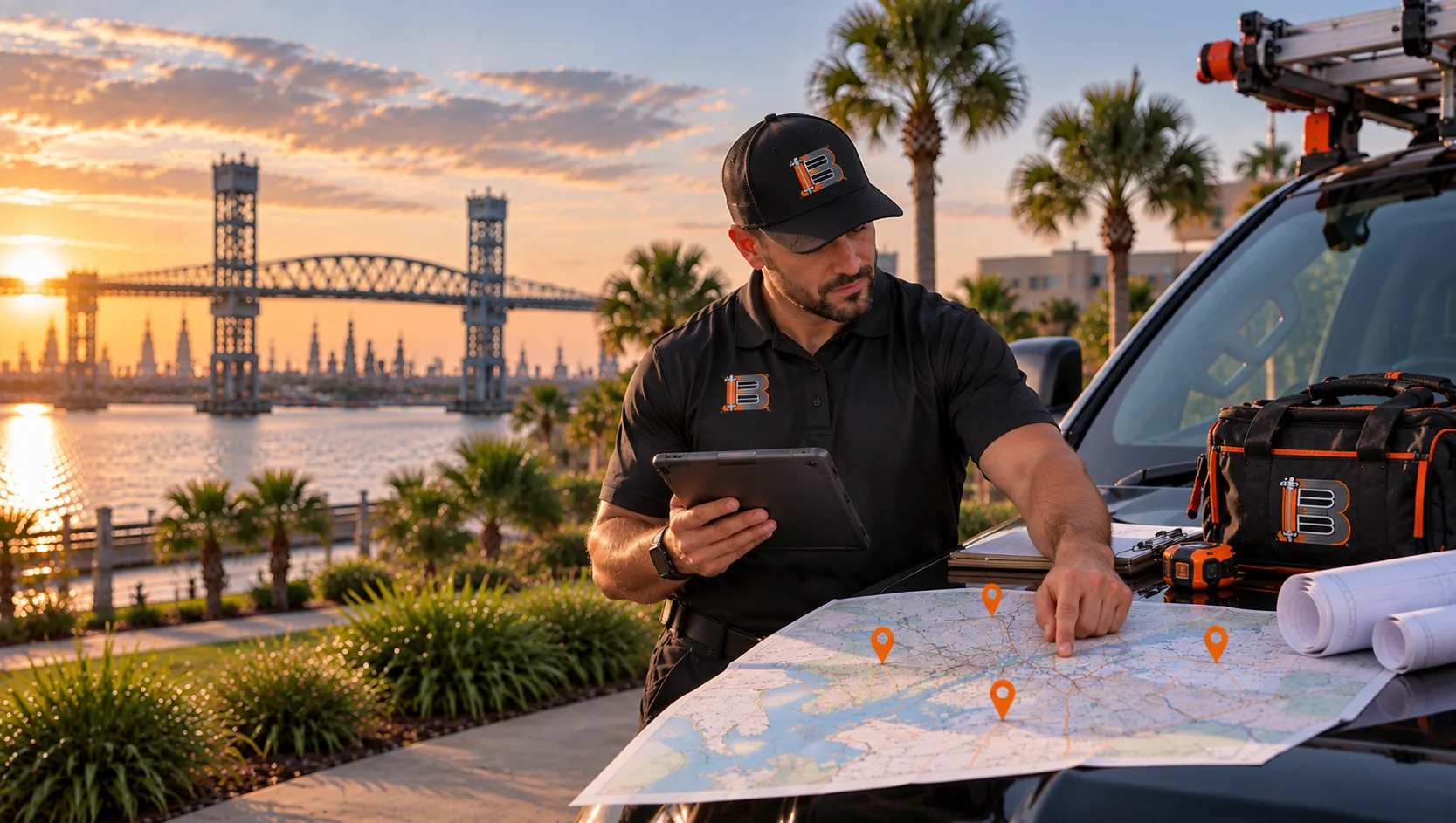 Technician reviewing a map on a service vehicle