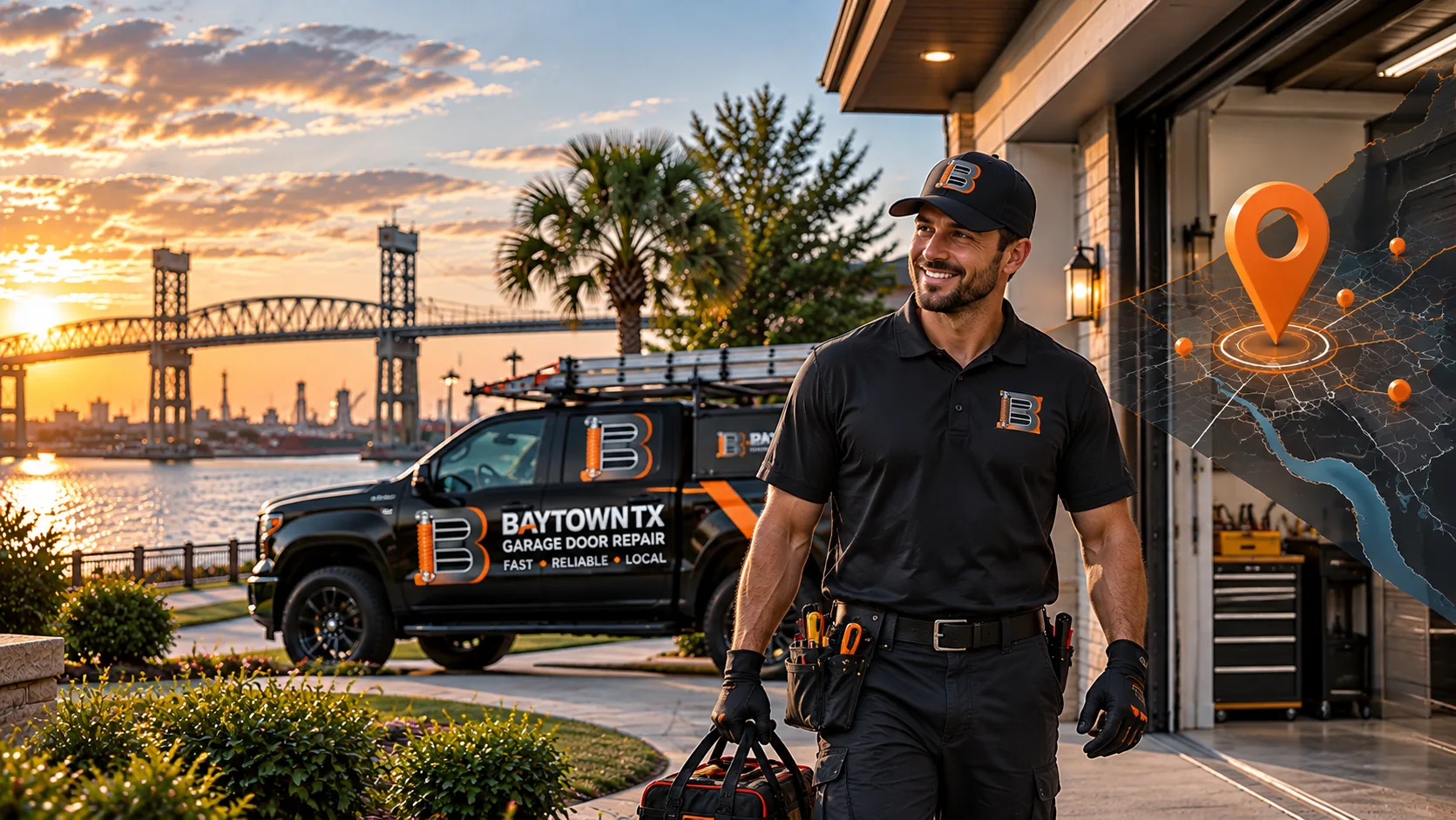 Technician and truck with a location-pin graphic
