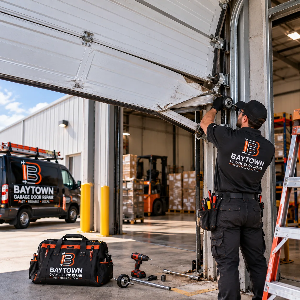 Technician supporting a crooked commercial door