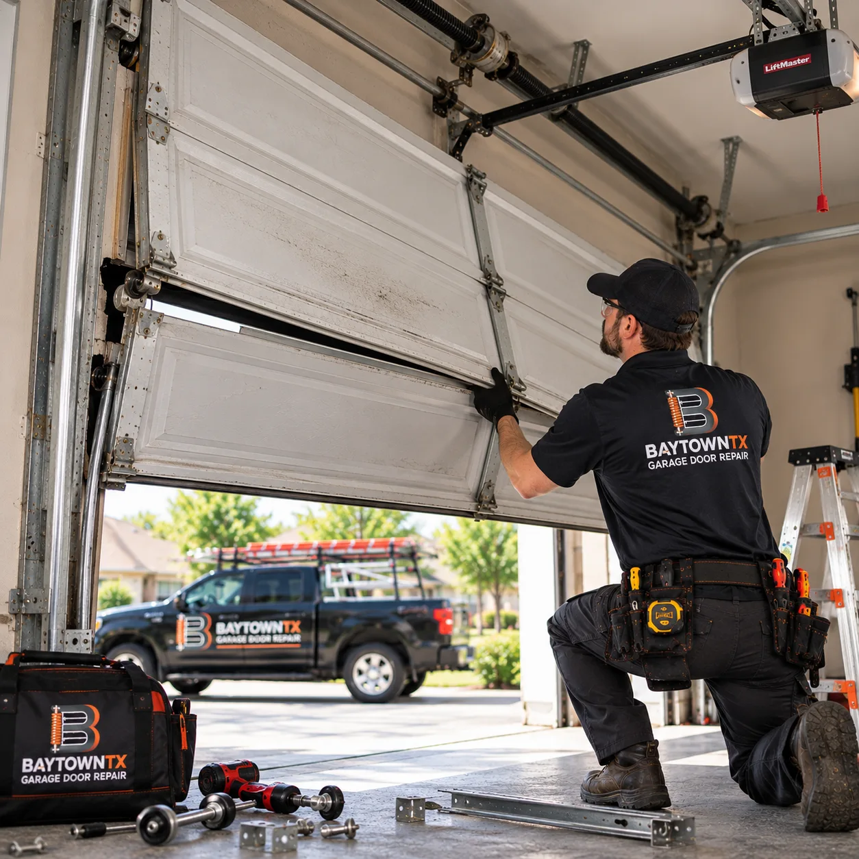 Technician supporting a tilted sectional door — panel repairs