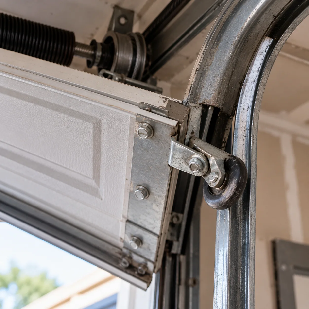 Displaced roller beside a bent garage door track