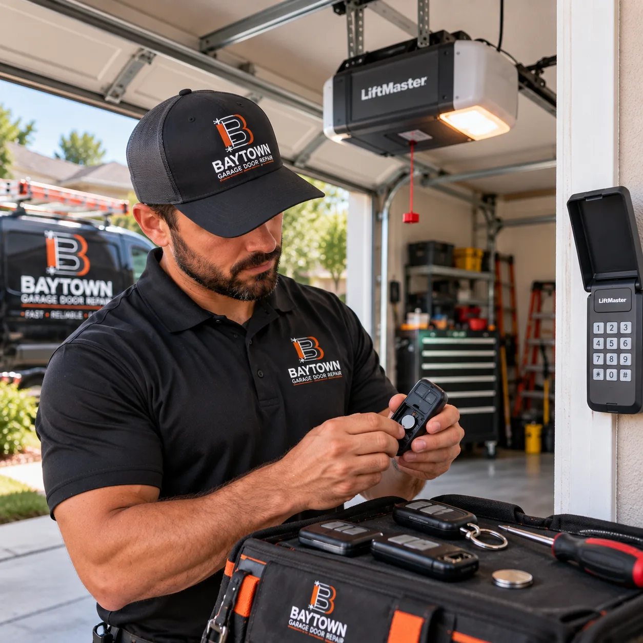 Technician checking a remote beside a wireless keypad
