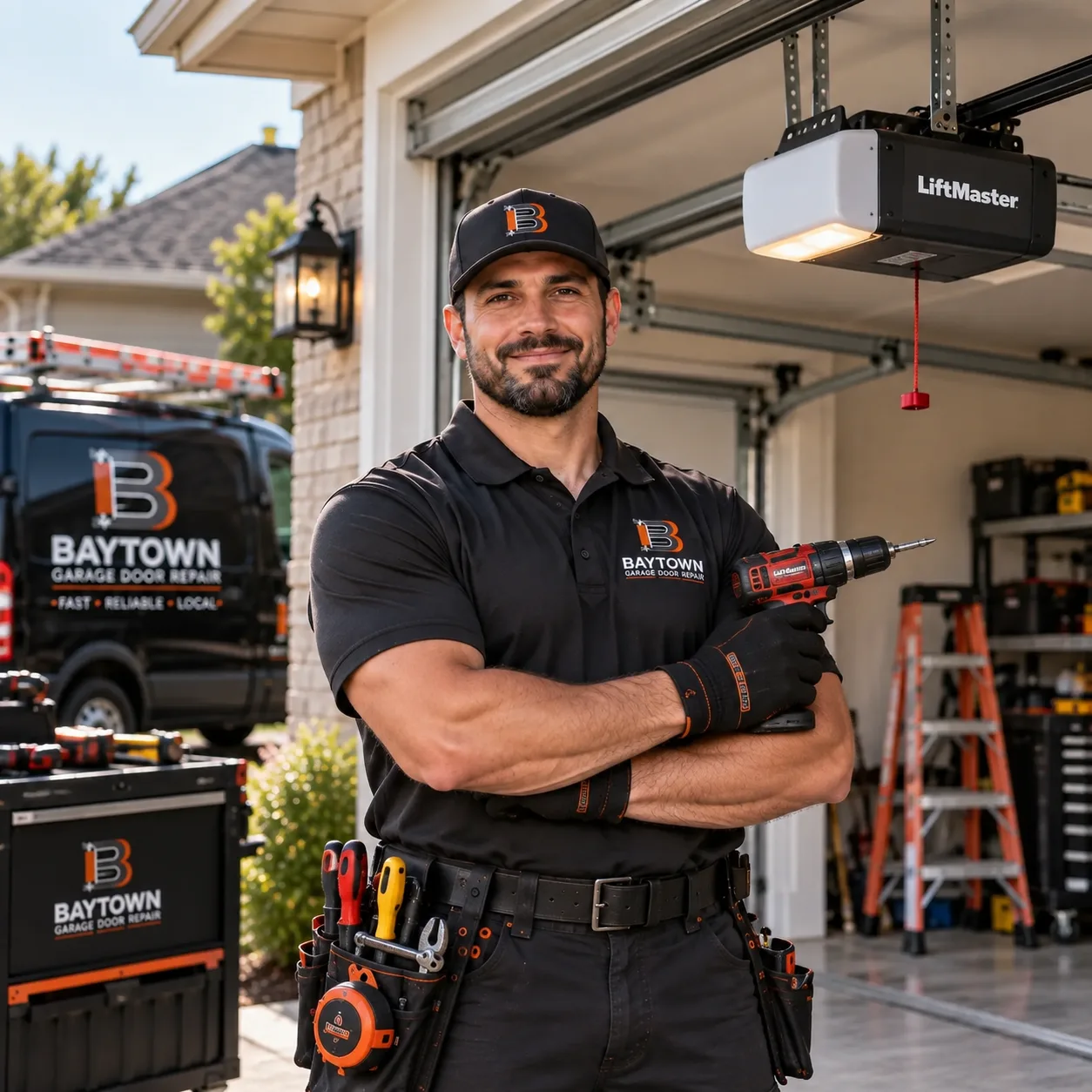 Technician holding a drill beneath a door opener