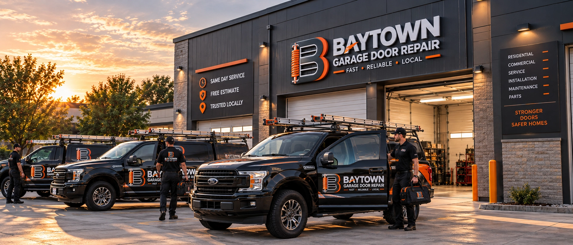 Baytown workshop with service vehicles and staff — home