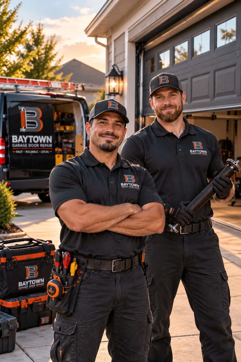 Two uniformed technicians beside a service truck — home